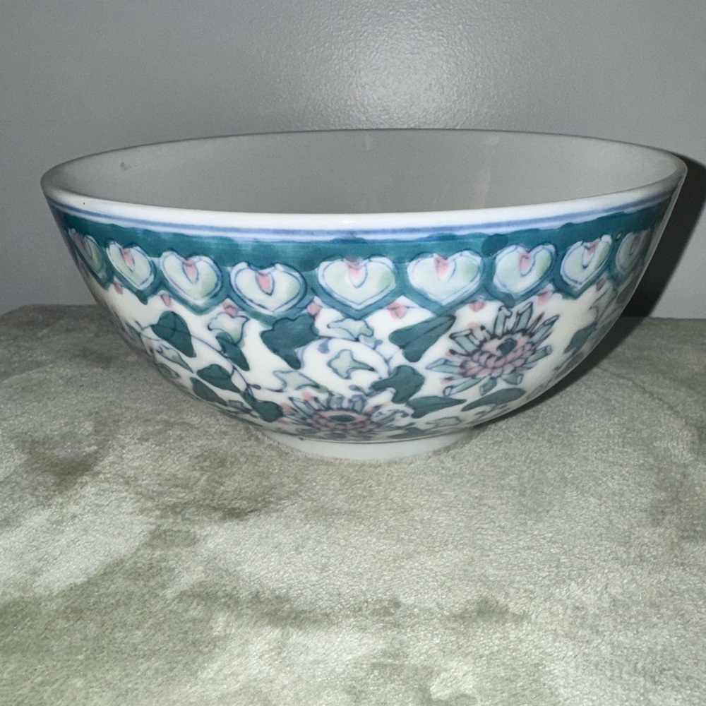 Vintage Chinoiserie Blue, White, and Pink Ceramic China Bowl